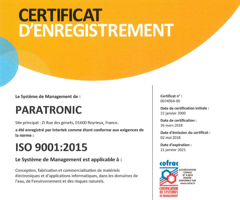 Certificat ISO 9001 PARATRONIC