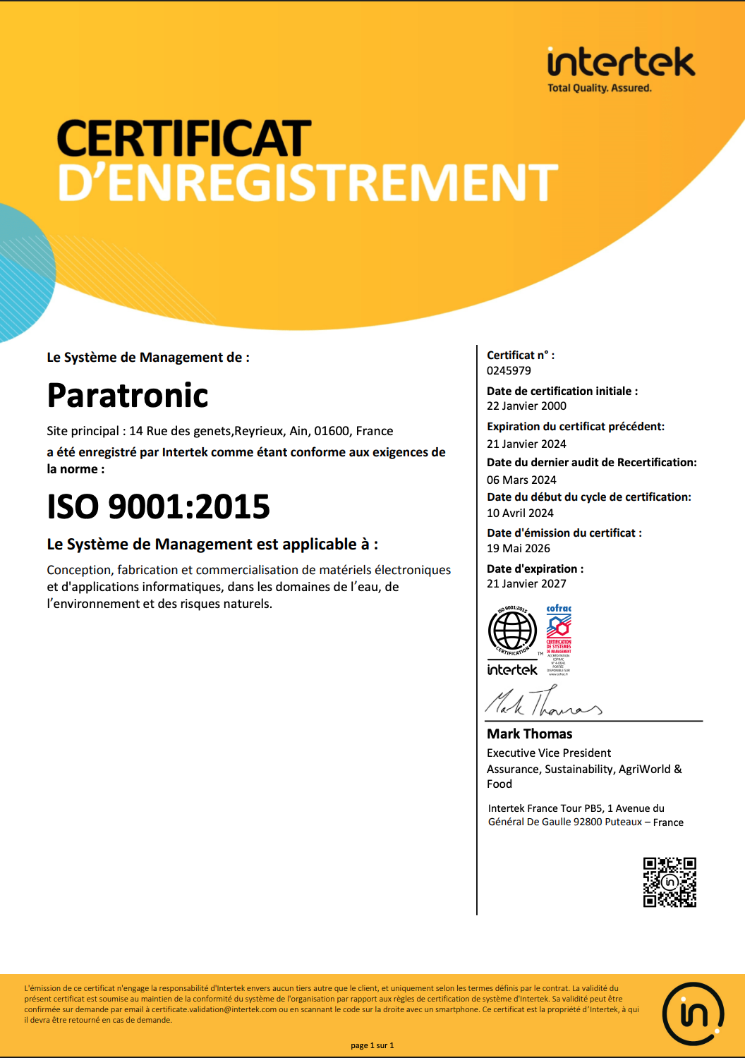 Certificat ISO9001 PARATRONIC