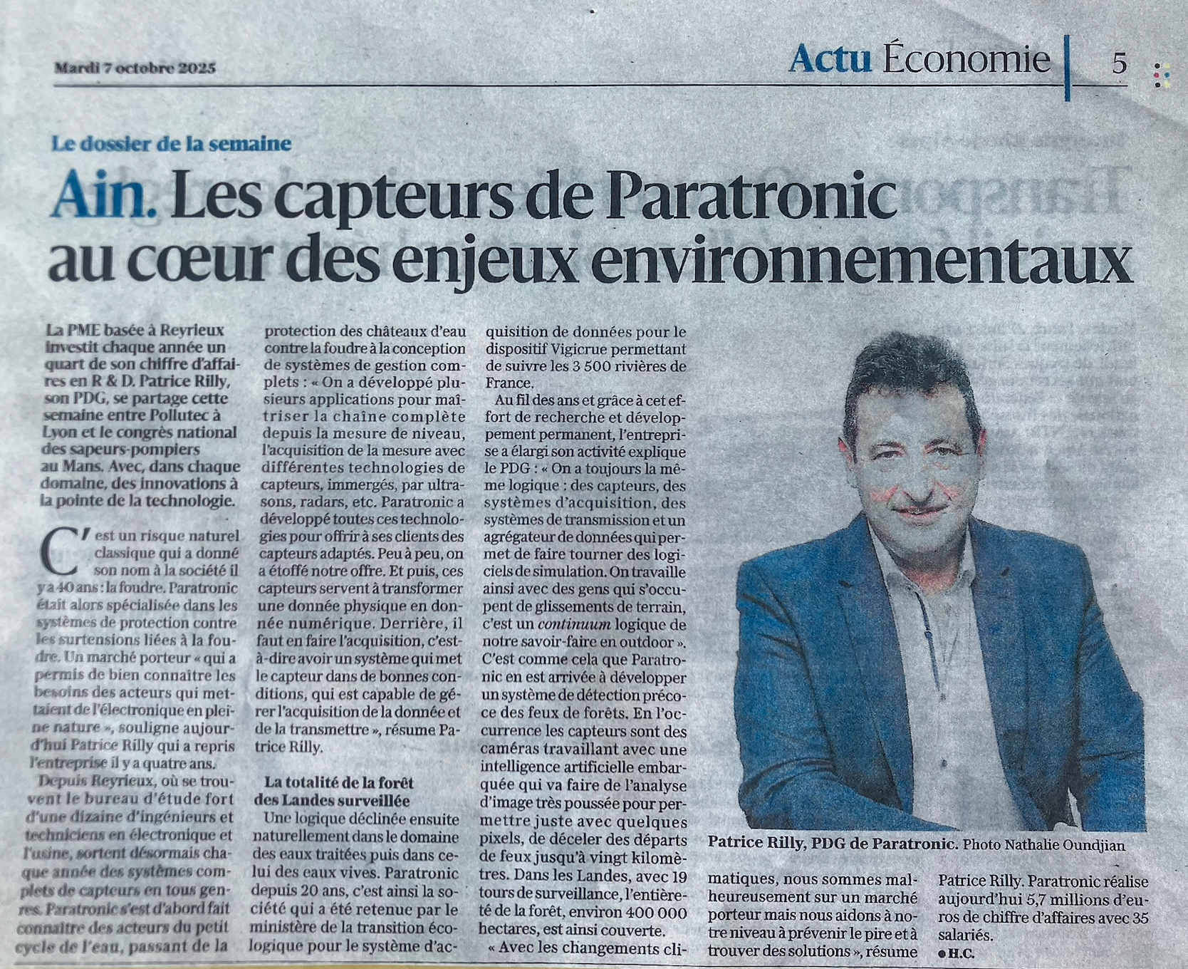 Le Progrès. Ain Economy News. PARATRONIC sensors at the heart of environmental issues